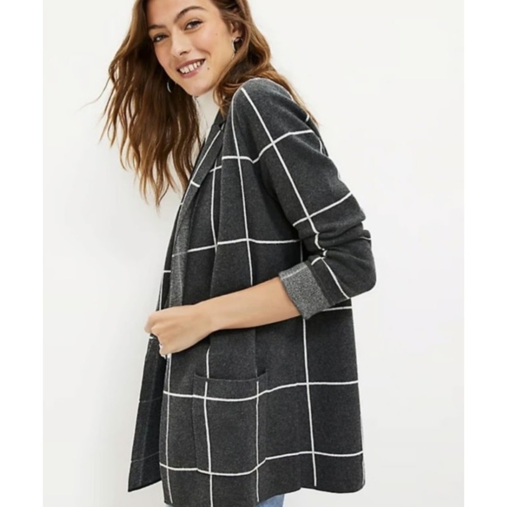 LOFT‎ Relaxed Sweater Blazer Cardigan Windowpane Plaid Career Wear Corp Gray S